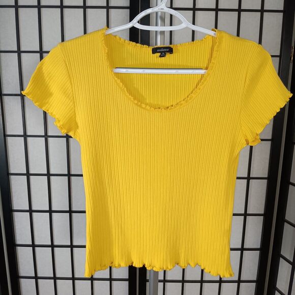 AMBIANCE Yellow Short Sleeve Ribbed Crop Women's Pullover Blouse XL - Picture 1 of 6